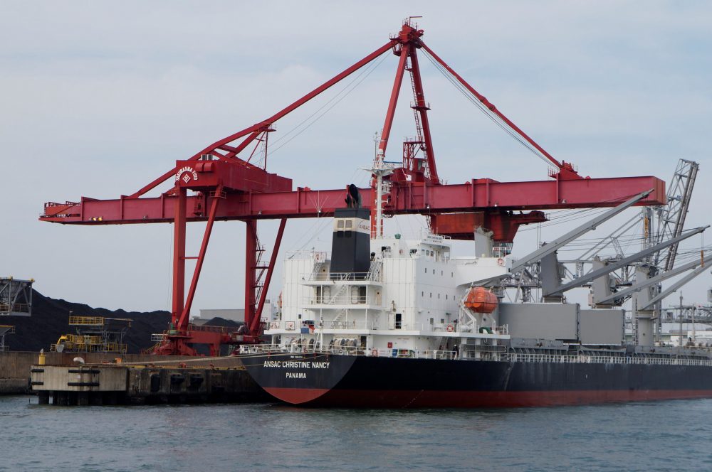 Shiploader and bulk carrier at a port